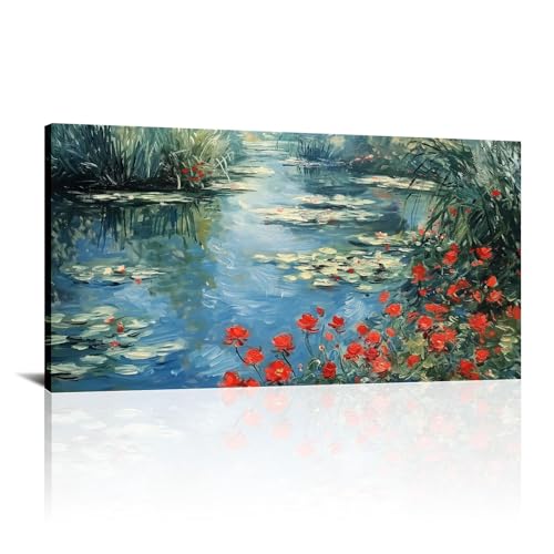 Toile Nénuphars style impressionniste 80x160 cm avec cadre intérieur pour salon