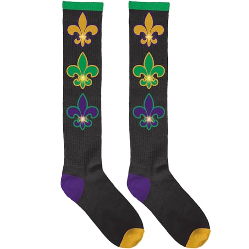Amscan Mardi Gras Light Up Knee Socks (Pack of 2) - Vibrant Green, Gold & Purple Soft Cotton Blend - One Size Fits All - Perfect for Festive Celebrations
