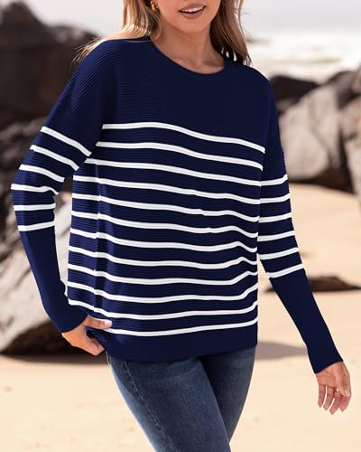 BTFBM Casual Women 2026 Fall Sweater Long Sleeve Ribbed Knit Pullover Loose Crewneck Batwing Split Sweater(Striped Navy White,X-Small) — view 4
