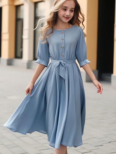 New 8-12Years Girls Midi Dress Puff Sleeve A-Line Tie Waist Button Front Casual Party School2