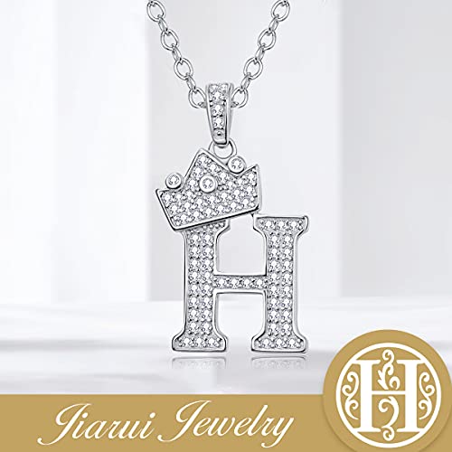 Jiarui 925 Sterling Silver Initial Letter A-Z Pendant White Gold Plated Crown Initial Pendant Necklace For Women With Micro Pave Setting Cubic Zirconia Cable Chain 18"+2" Adjustable #TOP4