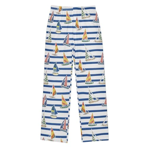 Boys' Pants Blue Brush Stripe Sailboat Long Bottoms Jogger Pants Elastic Waist Trousers with Pockets S-XL