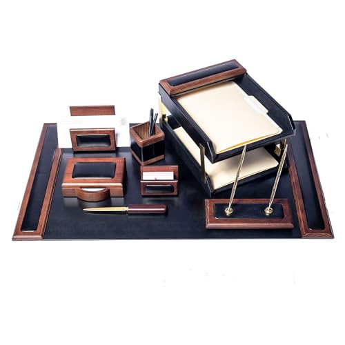 Dacasso Walnut and Black Leather Desk Set, 10-Piece, 34" x 20"