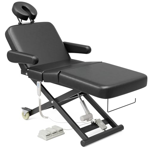 Paddie 3 Motor Fully Electric Massage Table Professional with Face Cradle & Foot Pedal, Customized Angle Folding, 550lbs Height Adjustable with Rolling Wheels, Black