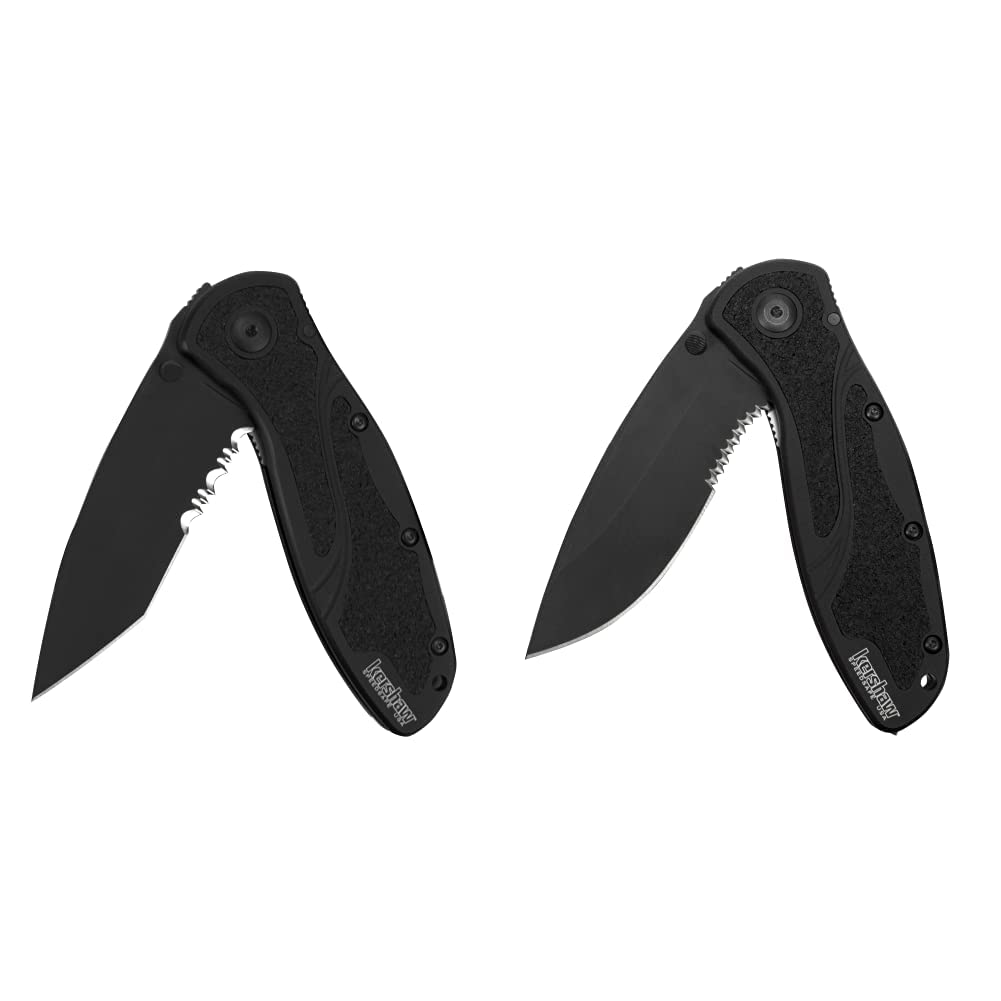 Kershaw Blur Tanto Black Serrated Pocket Knife ; 3.4 inch Cerakote Finish Blade, Sandvik 14C28N Steel & Glassbreaker Blur Pocketknife, 3.4" Sandvik 14C28N Stainless Steel Recurved Serrated Blade