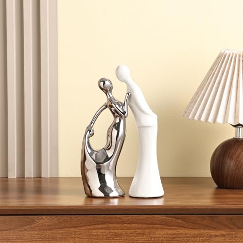 Estatuas de pareja de cerámica decorativas blancas y plateadas miniatura 7