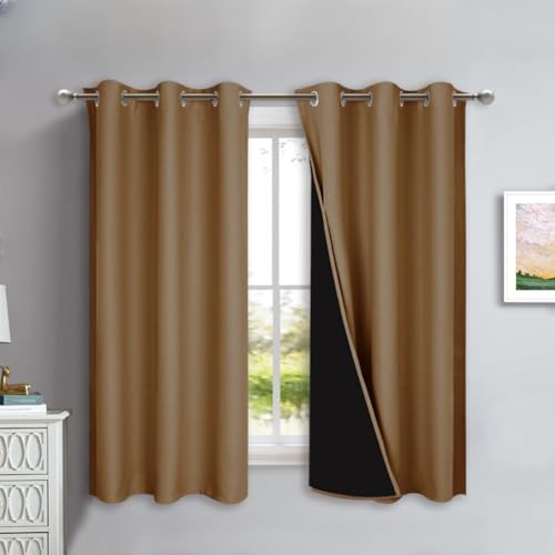 Image of NICETOWN 100% Blackout Lined Curtains, Gold Brown, 1 Pair, 42 inch Width x 63 inch Length Each Panel, 2 Thick Layers Completely Blackout Window Treatment Panels Thermal Insulated Drapes for Kitchen