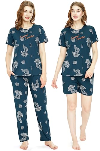 Image of ZEYO Night Suit for Women's Cheetah & Floral Printed Cotton Night Dress of Top,Pajama & Short's 3Pc'S Set 5733