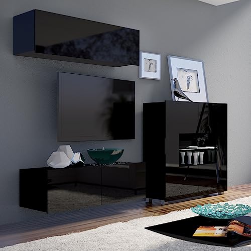 Lomadox Wohnwand Anbauwand schwarz Hochglanz 3-teilig Modern, mit 1 TV-Lowboard, 1 Stauraumschrank, 1 Highboard