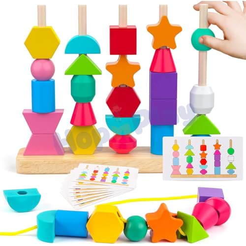 Image of Hop N Play Wooden Beads Sequencing Toy Set | Montessori Lacing & Stacking Toy for Kids 2-5 | Color & Shape Matching Beads Game for Kids | 22 Pcs Blocks and 10 pcs Cards
