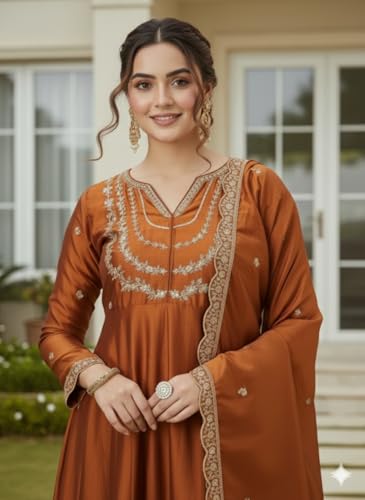 Image of Yashika Women's Silk Blend Embroidered Anarkali Kurta Set with Dupatta | Full Length Ethnic Wear for Women | Wedding