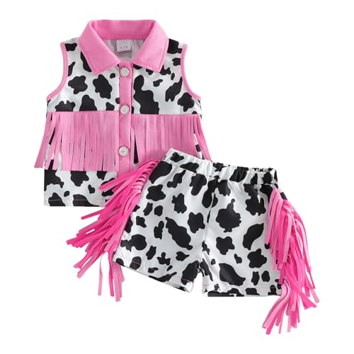 Emmababy Toddler Cowgirl Outfit Girl Button Down Shirt Ruffle Sleeve Tops and Shorts Set Kids Denim Outfits Western Clothes (19 Pink 2-3T)