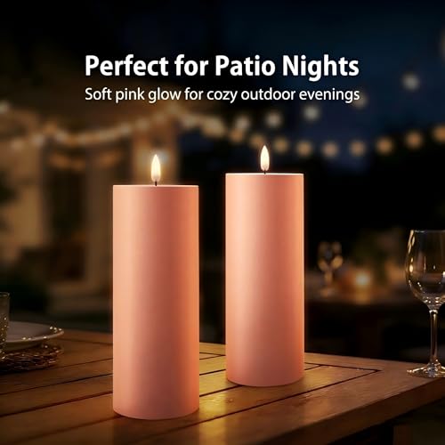 Image of Pink Outdoor Flameless Pillar Candles 8 x 3 Inch, Set of 2 Waterproof Battery Operated Candles with 6 Hour Timer for Patio Porch Decor, Table Centerpiece, Room Decor