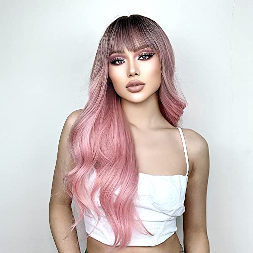 Ishine Pink Wigs For Women, Long Wavy Curly Wigs, No Lace Colored Wigs With Bangs, Ombre Black To Pink Wig, Synthetic Wigs For Daily Cosplay Party Replacement 24Inch #TOP1