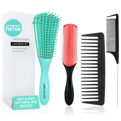 hair Brush Set for Afro America/African Hair, Textured 3a to 4c -Detangler Brush,9 row hair brush,Wide Tooth Comb,Rat Tail Comb (Green)