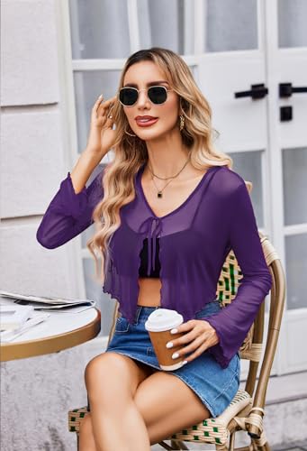 Image of Avidlove Womens Sheer Shrug Tie Front Long Bell Sleeve Mesh Bolero Lightweight Summer Casual Short Shawl Top