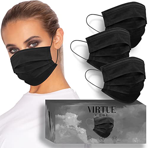Image of VIRTUE CODE Support Face Masks - Soft 3 Ply Comfort Face Masks, Colorful Disposable Face Mask 50 Pack. Black Colored Masks. Adults Mens and Womens Disposable Face Masks
