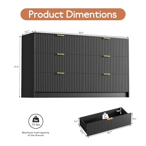 Image of Furniway Black Dresser Bedroom Set 3 Pieces, Nightstands Sets of 2, 6 Drawer Dresser with Gold Handles for Bedroom