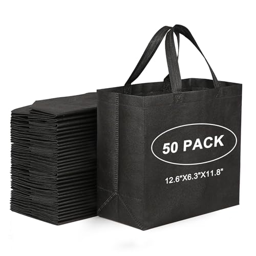JERIA 50 Pack Black Reusable Totes Bag with Reinforced Handles