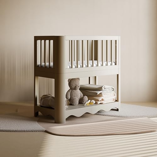 Image of Storkcraft Casablanca 3-in-1 Convertible Bassinet, Frosted Oat | GREENGUARD Gold Certified Wood Baby Bassinet, Includes Water-Resistant Mattress, Converts to Toy Box and Bookcase, Newborn