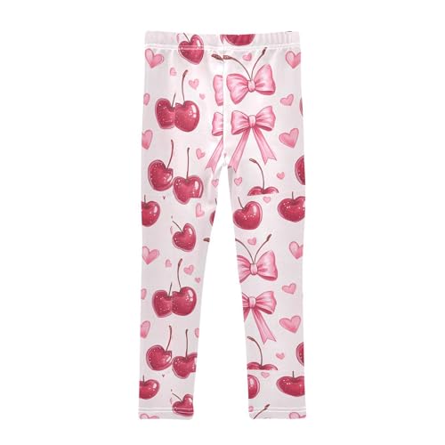 Hearts Cherry Pattern Bows Pink Girls Leggings Kids Yoga Pants Dance Active Tights 4T2