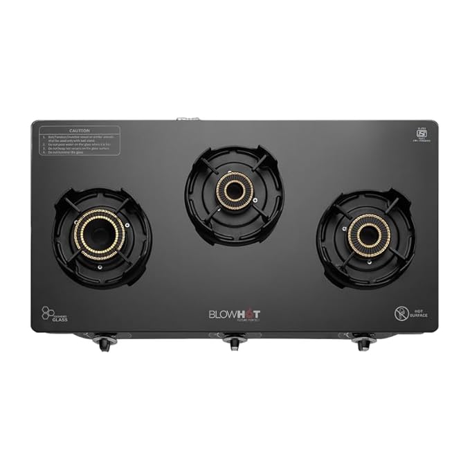 BLOWHOT Premium Design Emerald Heavy Tornado Brass 3 Burner Auto Ignition Gas Stove - Toughened Glass, 1 Year General Warranty (Burner, Gas stove Valve and Glass - 2 Years) By BLOWHOT