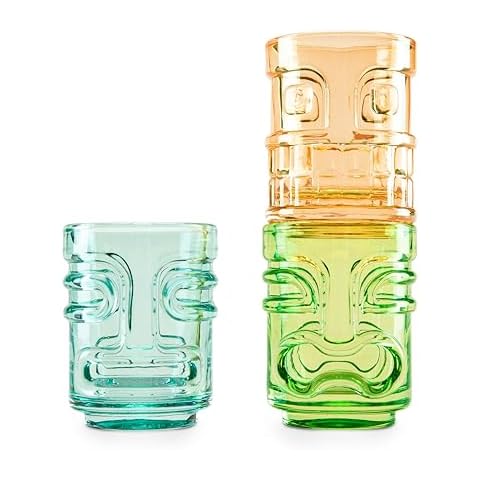 True Zoo Tiki Shot Glasses for Cocktails - Stackable Tropical Glassware Shot Glass Set, Tiki Colored Glass, Holds 2 Ounces, Multicolor, Set of 3 Cover