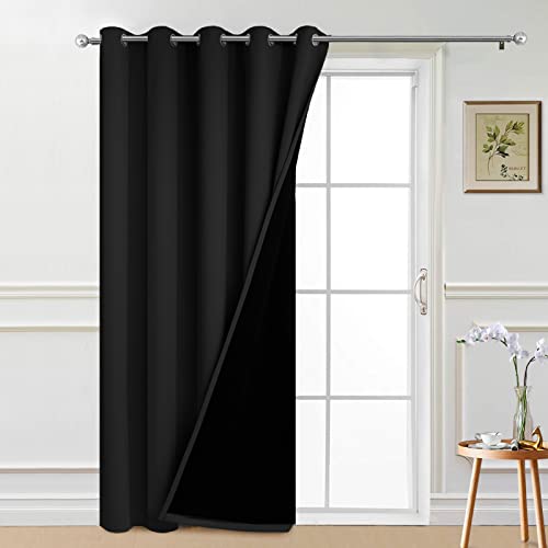 Image of Yakamok Black 100% Blackout Patio Door Curtain Panels W70 x L84,1 Panel | Noise Reducing Barrier Panel for Sliding Glass Door, 2 Thick Layers Heat Full Light Blocking Patio Door Drapery
