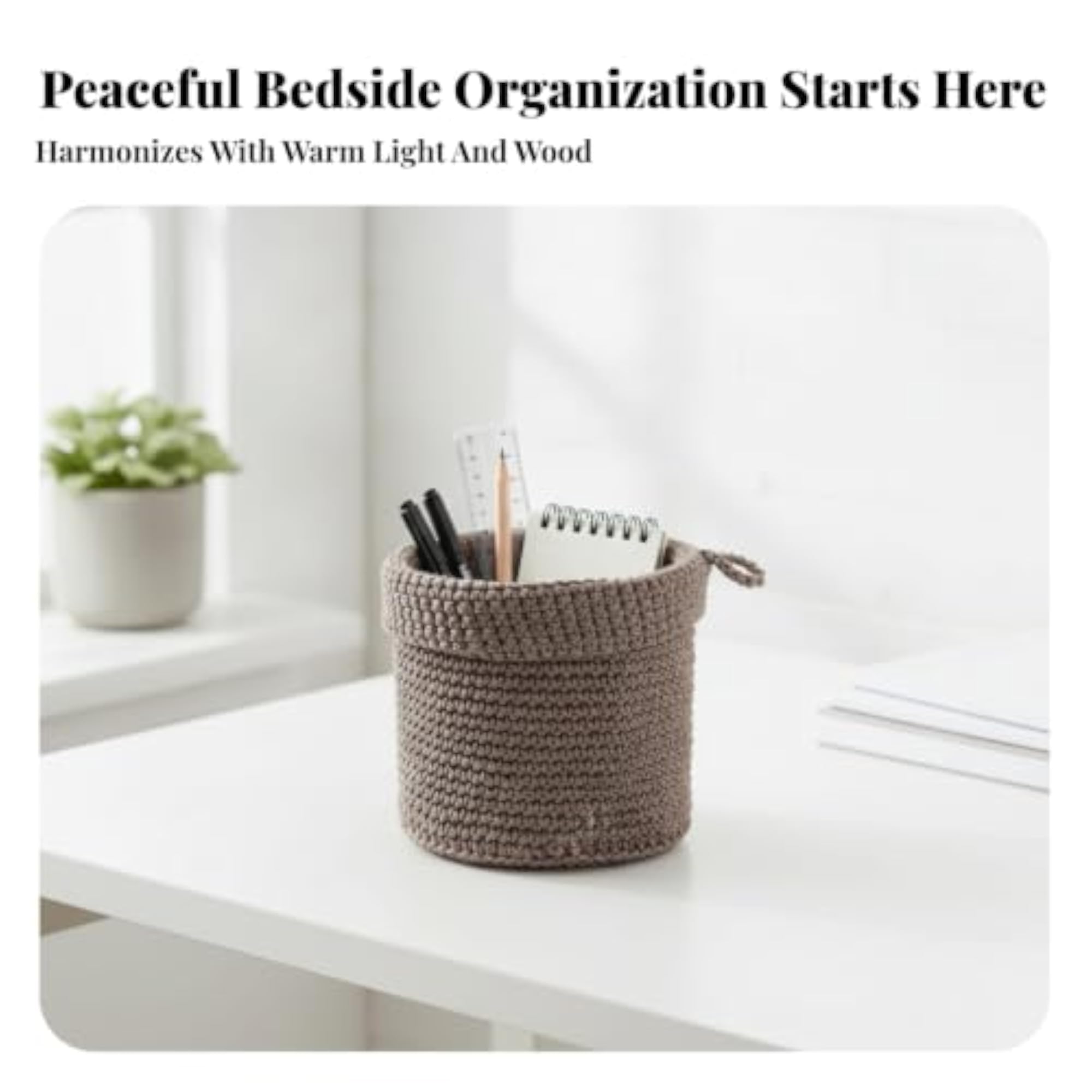 Boho Crochet Basket with Hanging Loop, Decorative Organizer, Gray, 13x14cm