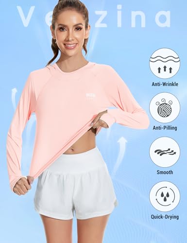 Image of Venzina Women's Slim-Fit Running Hoodie with Reflective Lettering IUPF50+ Quick-Dry Long Sleeve with Thumbholes | for Night Jogging, Yoga & Commute(Size Up)