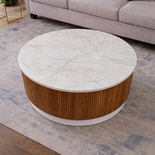 Image of WOODEN SPACE Round Marble-Top Wooden Center Table for Living Room | Modern Entryway Furniture | Coffee Table - 30X30X18 Inch (Fluted Natural)