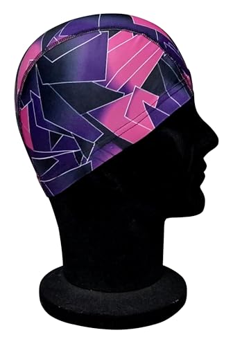 Blue Reef Elasticated Unisex Nylon Lycra Stretchy Swim Hat Bathing Cap Abstract St Tropez Print Deluxe Pull On One Size Fits All Suitable For All Ages 3+ Years (Purple Print) - Image 4