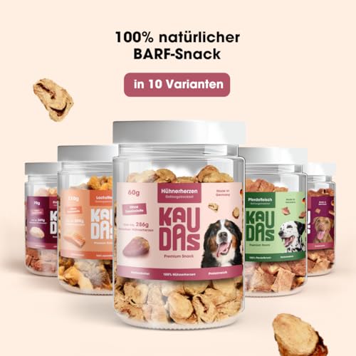 KAUDAS HühnerherzenPur Natursnack – 5 x 60 g gefriergetrocknetes Hühnerherzen Leckerli Hund mit hohem Proteingehalt, 100% natürlicher Hundesnack je 286g Rohgewicht – ohne Zucker & Zusatzstoffe