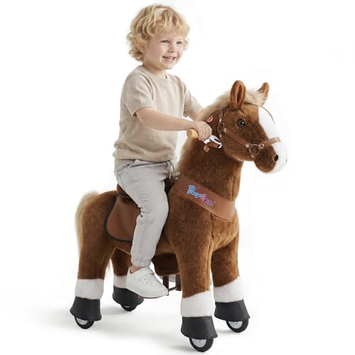 PonyCycle® Schaukelpferd mit Rollen | für Kinder 3–4 Jahre, 76cm | Schokoladenbraunes Reitpferd mit Handbremse & Klang | Stehpferd, Reitpony, Kindergeburtstag | Klassisches Modell U – Ux324
