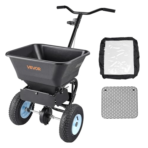 Image of VEVOR Broadcast Spreader 100 lbs Capacity Walk-Behind Push Spreader Black | For Lawn Garden, 0-9.8 ft Spreading Width, 13 in All Terrain Pneumatic Tires, Hopper Grate for Seed Fertilizer Salt Ice Melt | For Lawn Garden, 0-9.8 ft Spreading Width, 13 in All Terrain Pneumatic Tires, Hopper Grate for Seed Fertilizer Salt Ice Melt