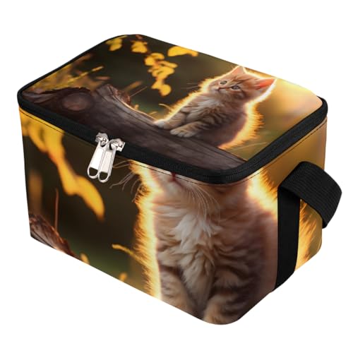 GzLeyigou Lunch Bags for Women Men 9 Cans,Kitten Hot & Cold Food Delivery Bag Insulated Grocery Bag Insulated Lunch Box Cat on Wooden Cooler Bag for Office Work Picnic Beach