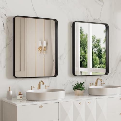 LOAAO 20X16 Inch Black Metal Framed Bathroom Mirror for Wall, Matte Black Bathroom Vanity Mirror Farmhouse, Large Rounded Rectangle Mirror, Anti-Rust, Hangs Horizontally or Vertically