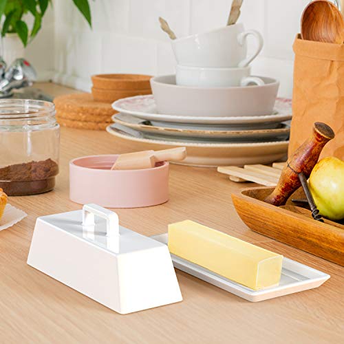 Feltom Butter Dish with Lid, Ceramics Butter Dish with Covers, No-Slip Lid with Handle, Polished Ceramic Butter Holder, Holds 1 Standard Stick Butter Keeper White, Dishwasher Safe - Thumbnail 4