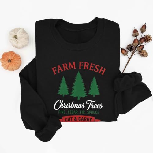 Aymnlox Christmas Tops for Women Farm Fresh Xmas Tree Graphic Crewneck Sweatshirt Long Sleeve Casual Holiday Festive Pullover vintage christmas sweatshirt for women Black M - image 5