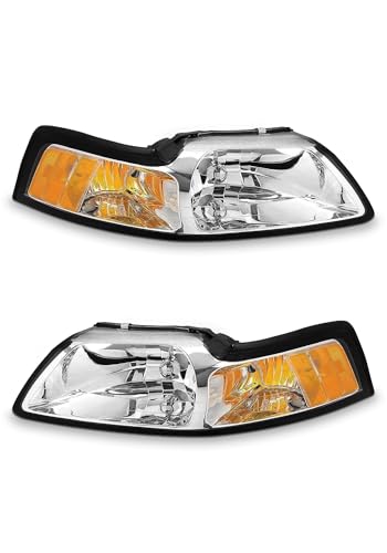 AXLAHA 1999-2004 Mustang Chrome Housing Headlights Compatible with BaseGTMach 1SVT Cobra models Ford Mustang Headlights Amber Reflector Left and Right Side(Bulb not included)
