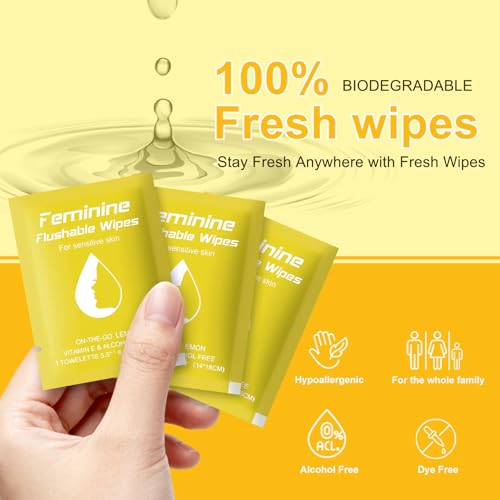 Image of twoworld 50 Feminine Wipes Flushable Travel Individually Wrapped | Travel Wipes for Women,Feminine Care Wet Wipes Travel Size Vaginal Wipes for Adult,Girl and Homeless(Lemon)