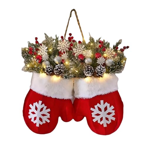 Corona De Navidad con Luz, Corona Navideña De Manoplas con Ramas De Pino Artificiales, Bayas Rojas Y Piñas Escarchadas, Guirnalda Artificial para Decoración Decorar Hogar En Interiores Y Exteriores