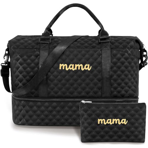 Image of Dansydaisy Mama Hospital Bag for Women Labor Delivery Travel Duffle Bag with Shoe Compartment and Toiletry Pouch Waterproof Letter Embroidered for Pregnancy Weekender Overnight Gym Gift, Black