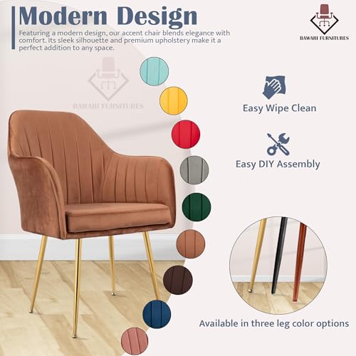 Image of Accent Chair for Living Room| Soft Velvet Fabric Armchair with Multi Colour Leg Options | Modern Chair with Thick Cushion for Home Office restaurent and cafes| 1pc (Golden Legs, Light Brown)