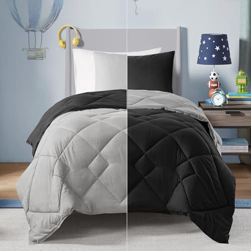 Image of Comfort Spaces aa‚¬a€oe Vixie Reversible Goose Down Alternative Comforter Mini Set - 2 Piece aa‚¬a€oe Black and Grey aa‚¬a€oe Stitched Geometrical Diamond Pattern aa‚¬a€oe Twin /Twin XL Size, Includes 1 Comforter, 1 Sham