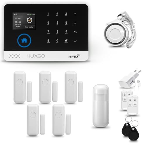 HUXGO® HXA003 Funk Alarmanlage Set WiFi + GSM mit Sirene | Alarm System mit Bewegungsmelder, 5X Tür- Fenstersensor, Fernbedienung | Wohnmobil Alarmanlage