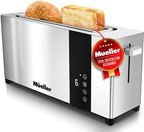 Mueller UltraToast Full Stainless Steel Toaster 2 Slice, Long Extra-Wide Slots with Removable Tray, Cancel/Defrost/Reheat Functions, 6 Browning Levels with LED Display