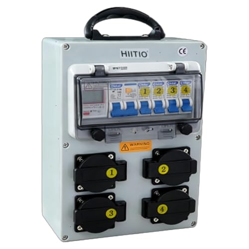 HIITIO 110V Portable Power Distribution Box Electricity Meter Breaker Socket Distribution Box with 4*NEMA 5-20 Outlet Panel IP54 Waterproof for Construction Sites Workshops and Outdoor Events