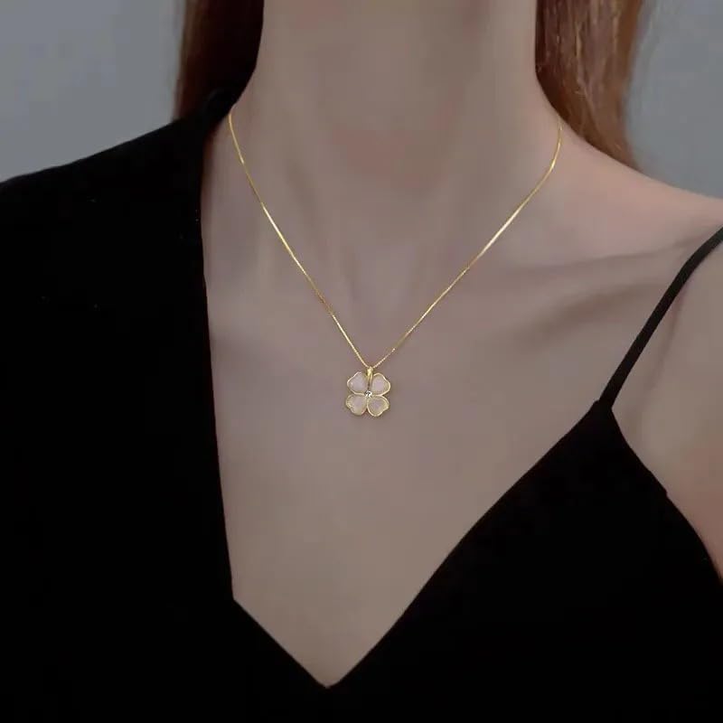 14k Yellow Gold Delicate Clover Heart Necklace For Women, Enamel Lucky Heart Choker Necklace - Cute Four Leaf Clover Eternal Love Necklace, 4 Heart Clover Necklace - Image 3