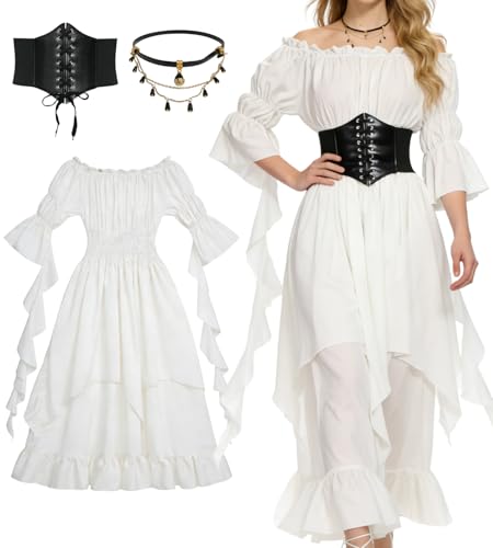 minkasic Mittelalter Piraten Kleidung Damen Gothic Kostüm mit Mittelalter Kleid Piraten Korsett Halsketten Renaissance Faschingskostüm für...